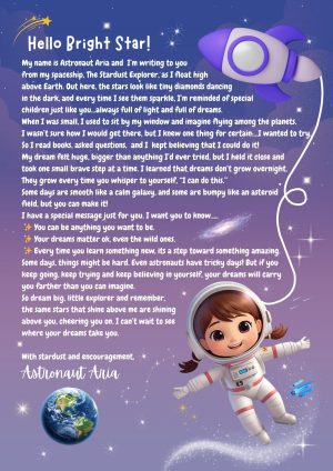 Girl Astronaut Letter for Kids, Inspirational “Dream Big” Space Message Encouraging Printable Letter for Children, Instant Download PDF