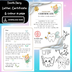 Printable Tooth Fairy Letter First Tooth + Certificate and Colouring In Page Instant Download